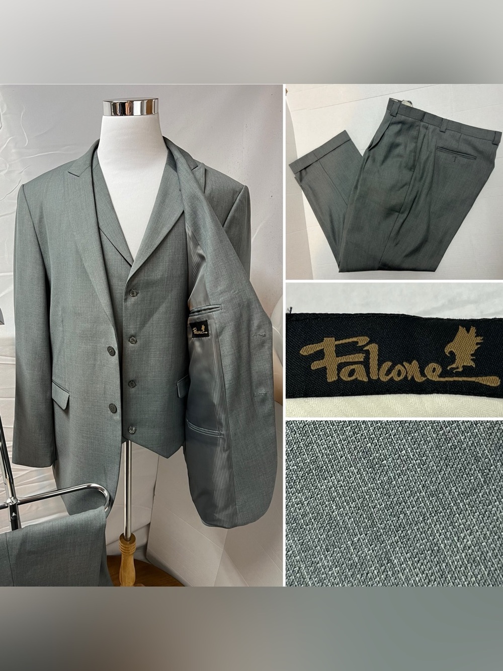 Falcone Vintage Men's 48L Blazer 42x31 Pants Vest Gray 3-Piece Suit